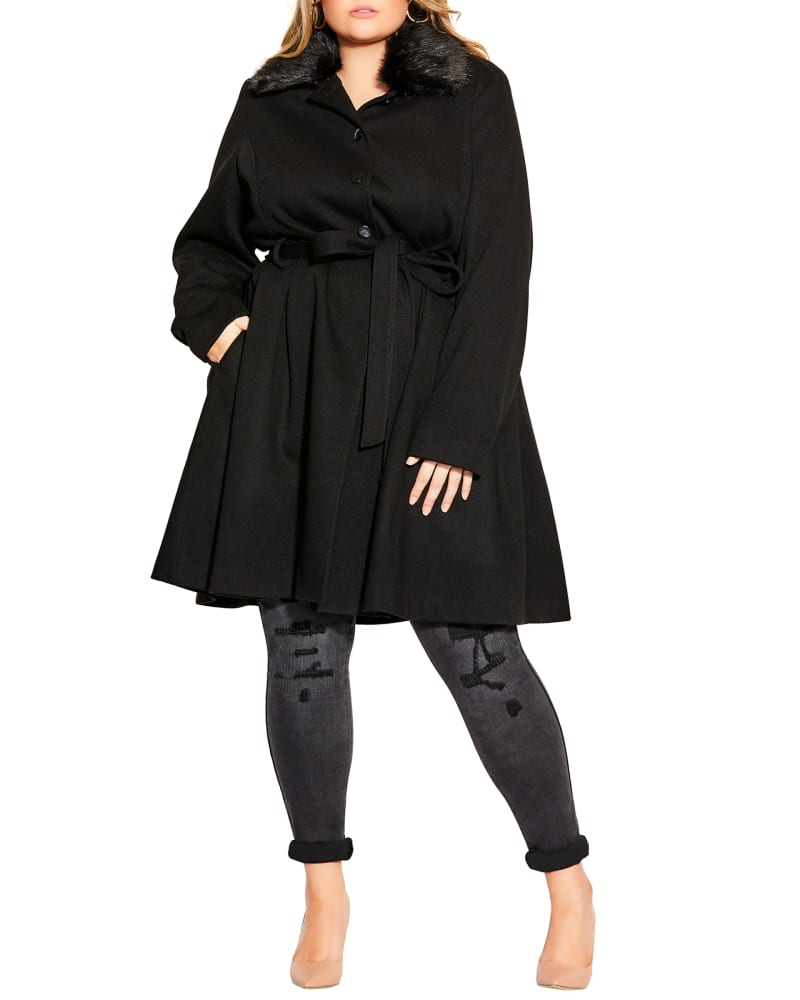 Front of a model wearing a size XXS Blushing Belle Coat in Black by City Chic. | dia_product_style_image_id:234444